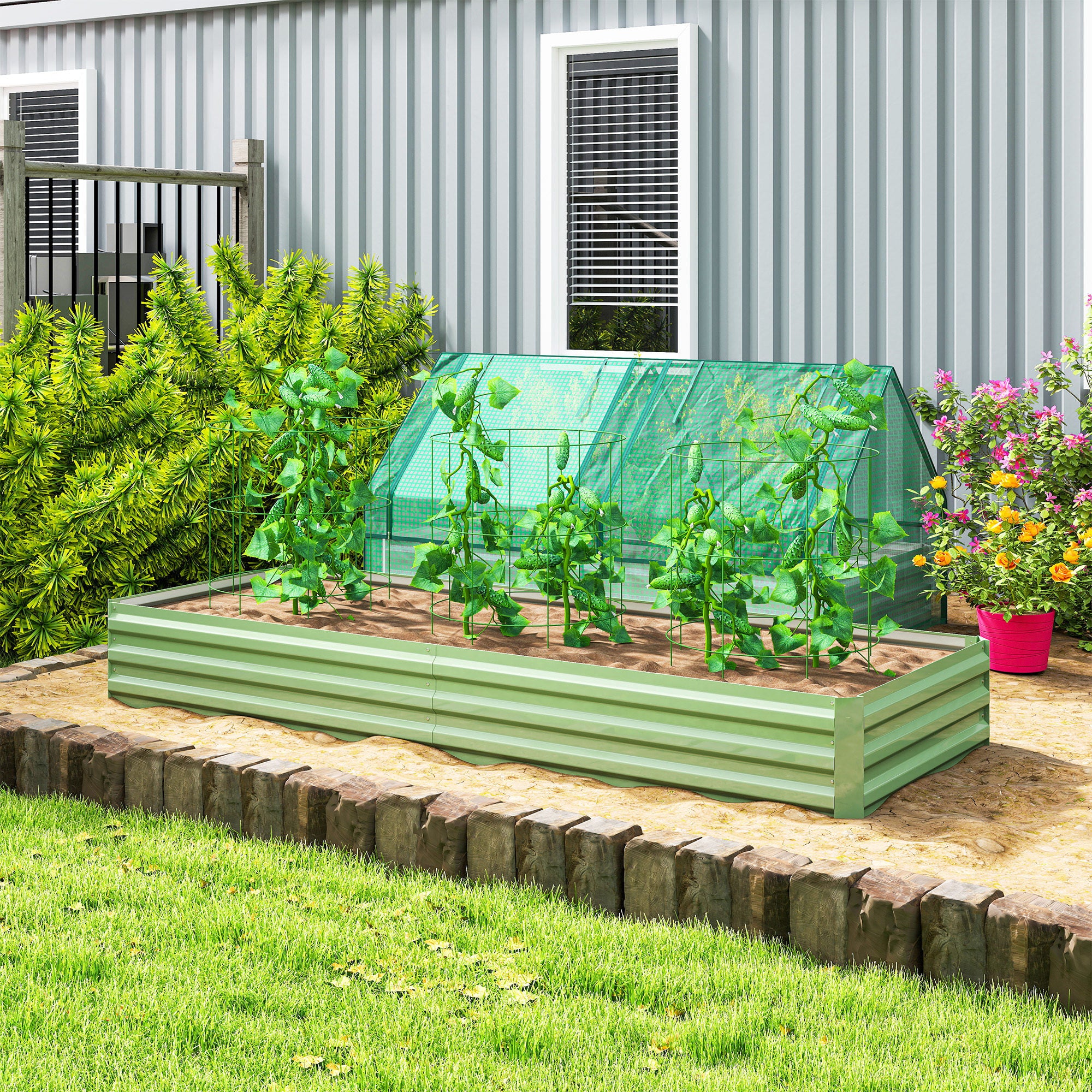 Outsunny Metal Raised Garden Bed Planter Box Outdoor Planters for Growing Flowers, Herbs, Green, Light Green 