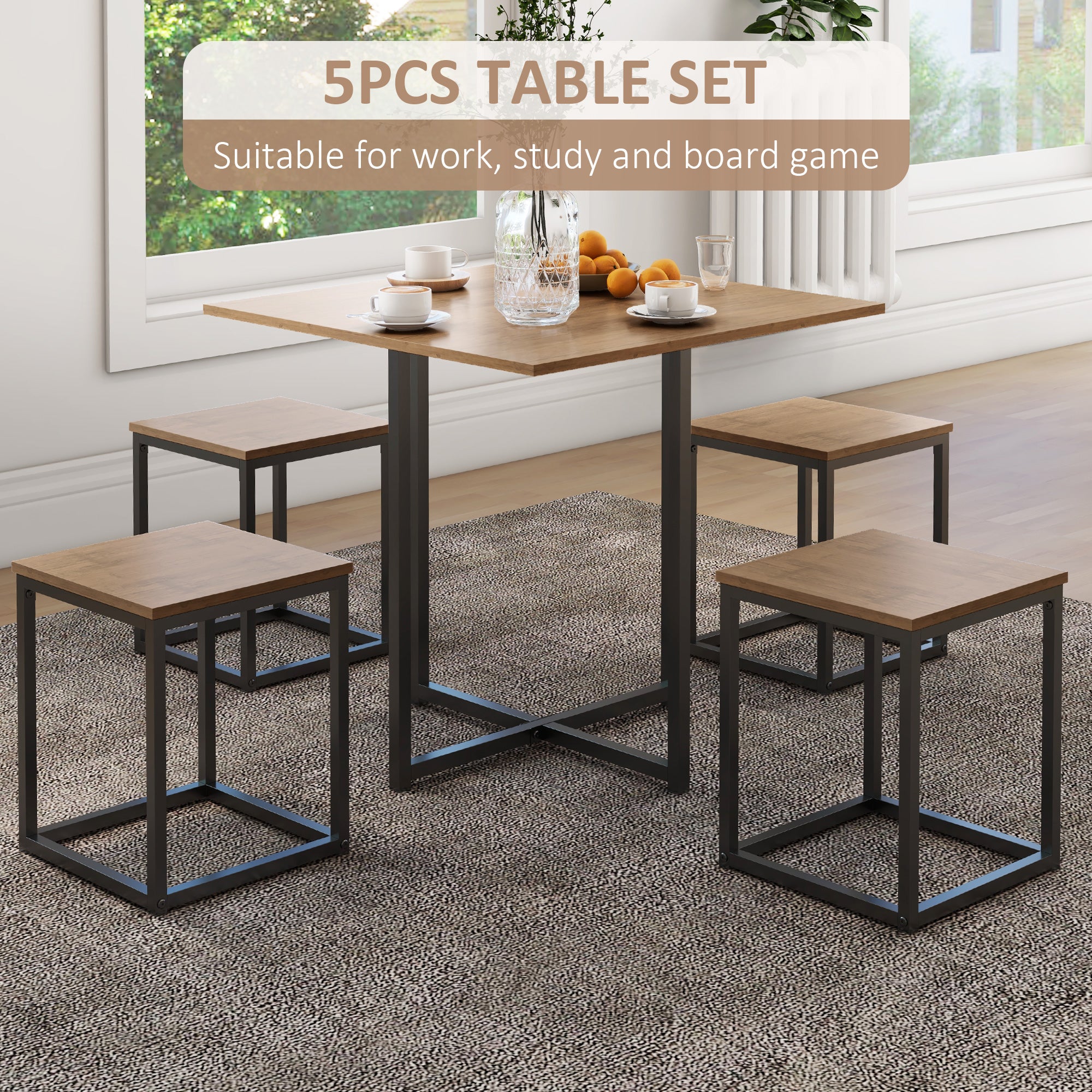 HOMCOM 5 Piece Dining Table and Chairs Set 4, Industrial Space Saving Table and Chairs with Metal Frame, Square Kitchen Table and Stools for Dining Room, Brown 