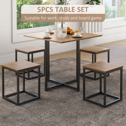 HOMCOM 5 Piece Dining Table and Chairs Set 4, Industrial Space Saving Table and Chairs with Metal Frame, Square Kitchen Table and Stools for Dining Room, Brown 