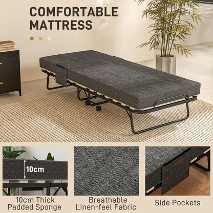HOMCOM Single Steel Frame Folding Bed, with Wheels - Black/Grey 