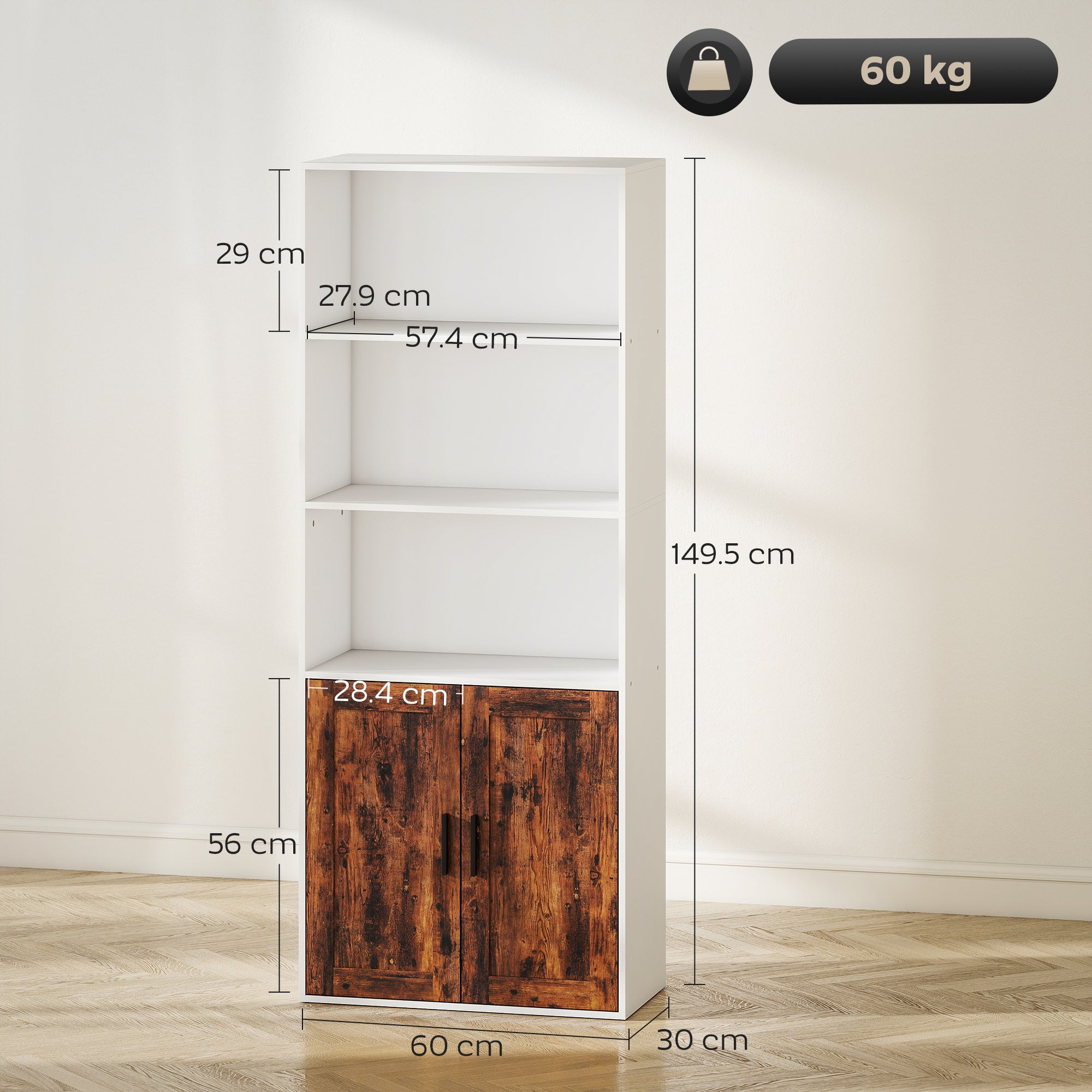 HOMCOM 5-Tier Bookcase with Adjustable Shelf - Rustic Brown