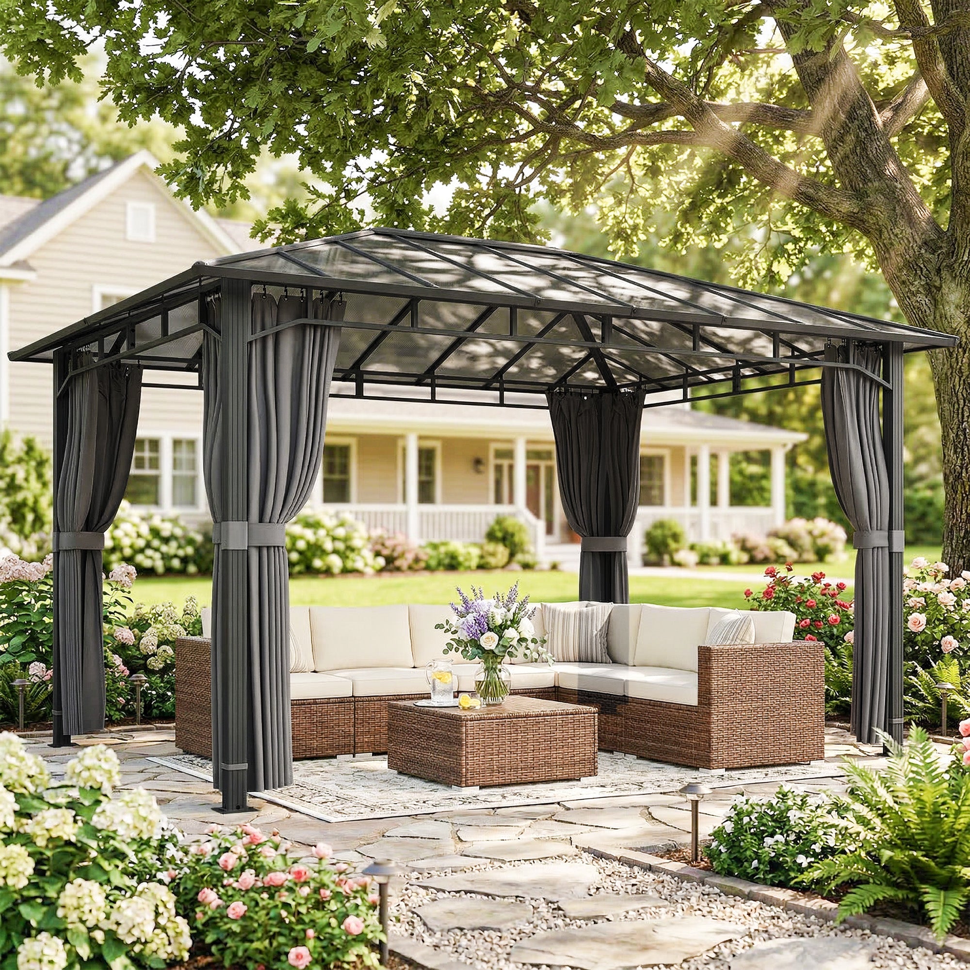 Outsunny 3 x 4 m Outdoor Hardtop Gazebo Canopy with PC Roof, Aluminium Permanent Pavilion Garden Gazebo with Curtains, Dark Grey 