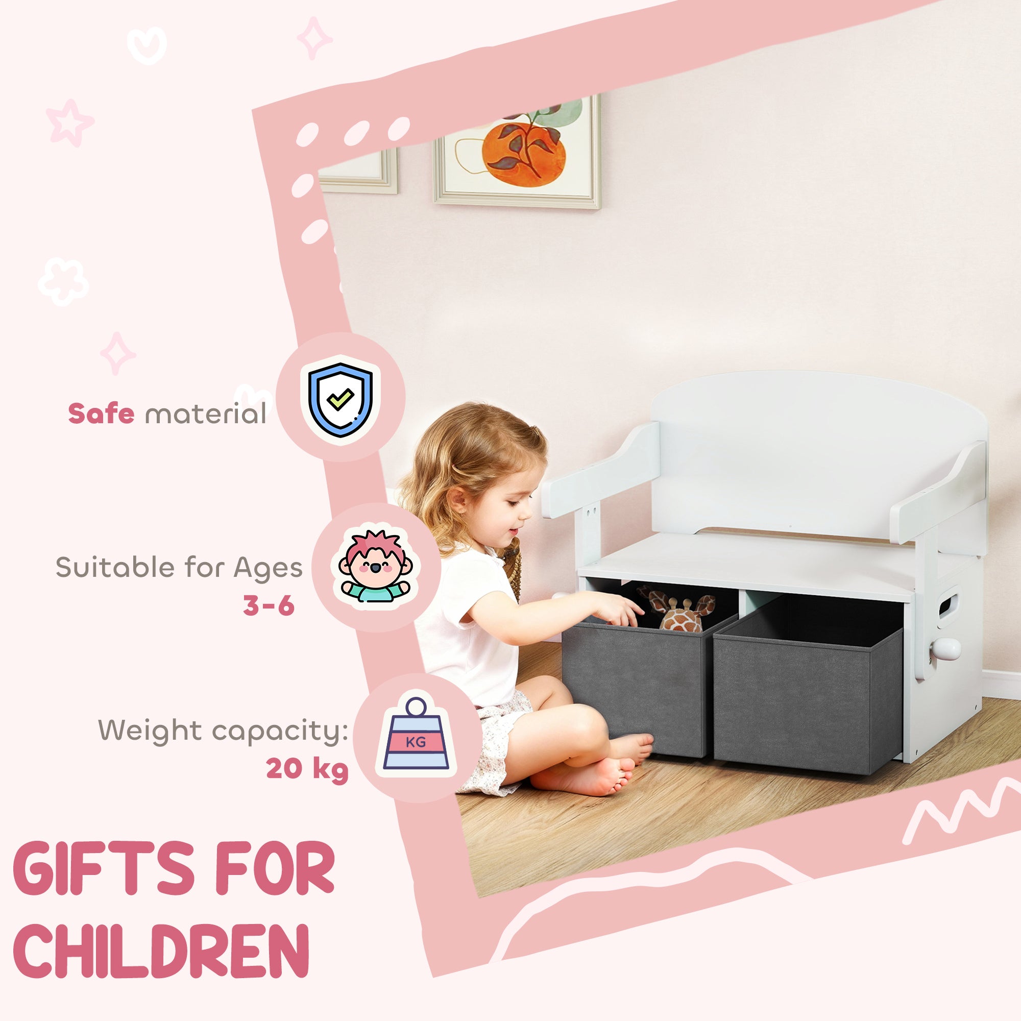 AIYAPLAY 3 in 1 Kids Storage Bench, Convertible Children Table and Chair Set with 2 Fabric Bins, Toy Storage Box, White 