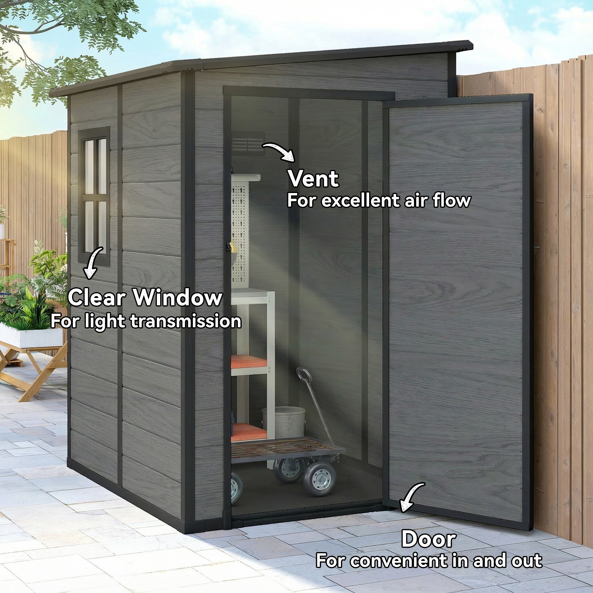 Outsunny 4'x5' Garden Storage Shed, Lean to Shed, Lockable Garden Shed with Window, Vent and Plastic Roof, Wood-Effect 