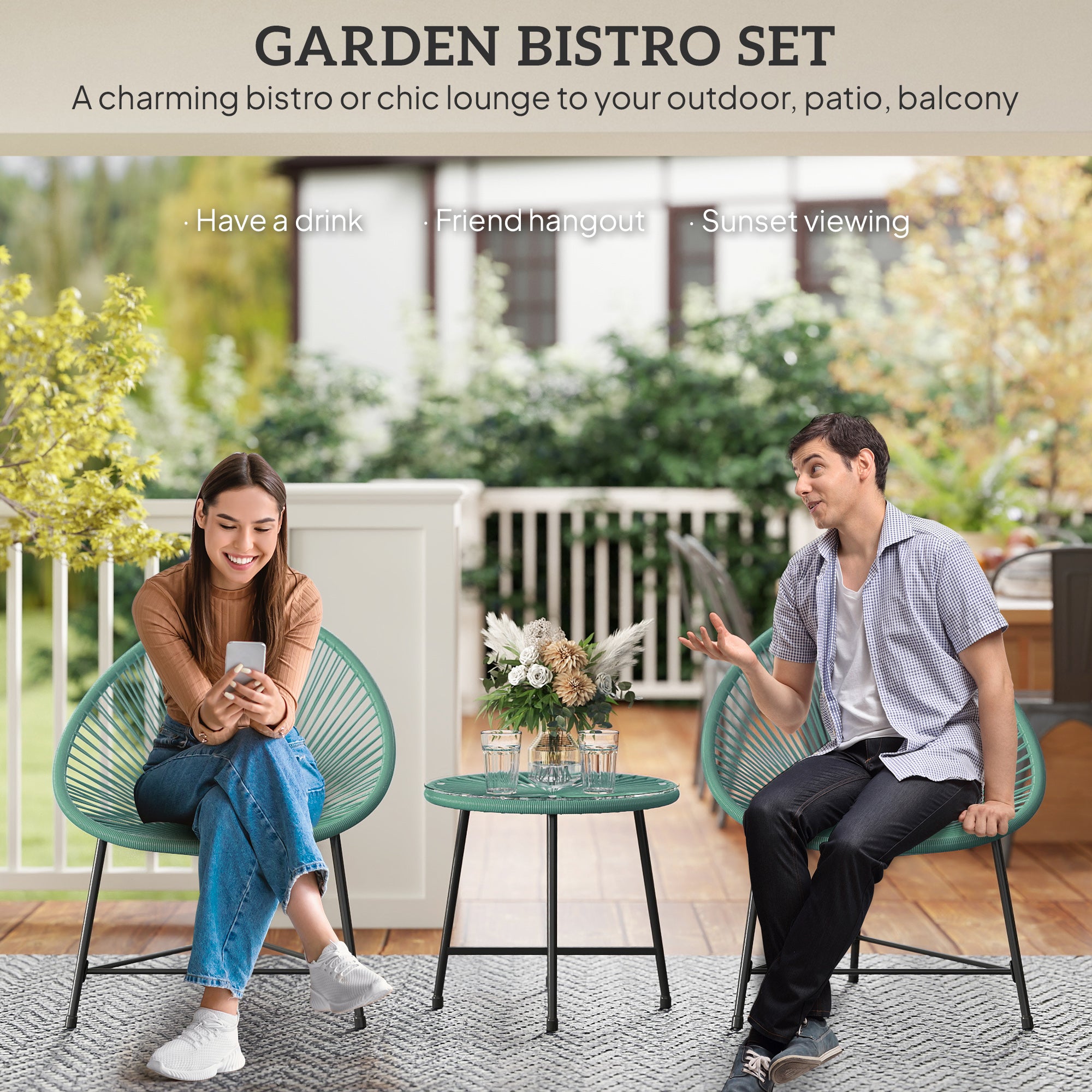 Outsunny Rattan Bistro Set with Acapulco Chairs and Glass Table, Green 