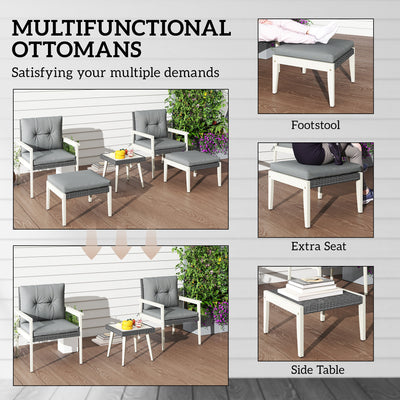 Outsunny 5 Pieces Rattan Garden Furniture Set, Patio Conversation Set with Cushions, Acacia Wood Top Coffee Table and Footstools, Outdoor Table and Chairs for Balcony, Terrace and Conservatory, Grey 