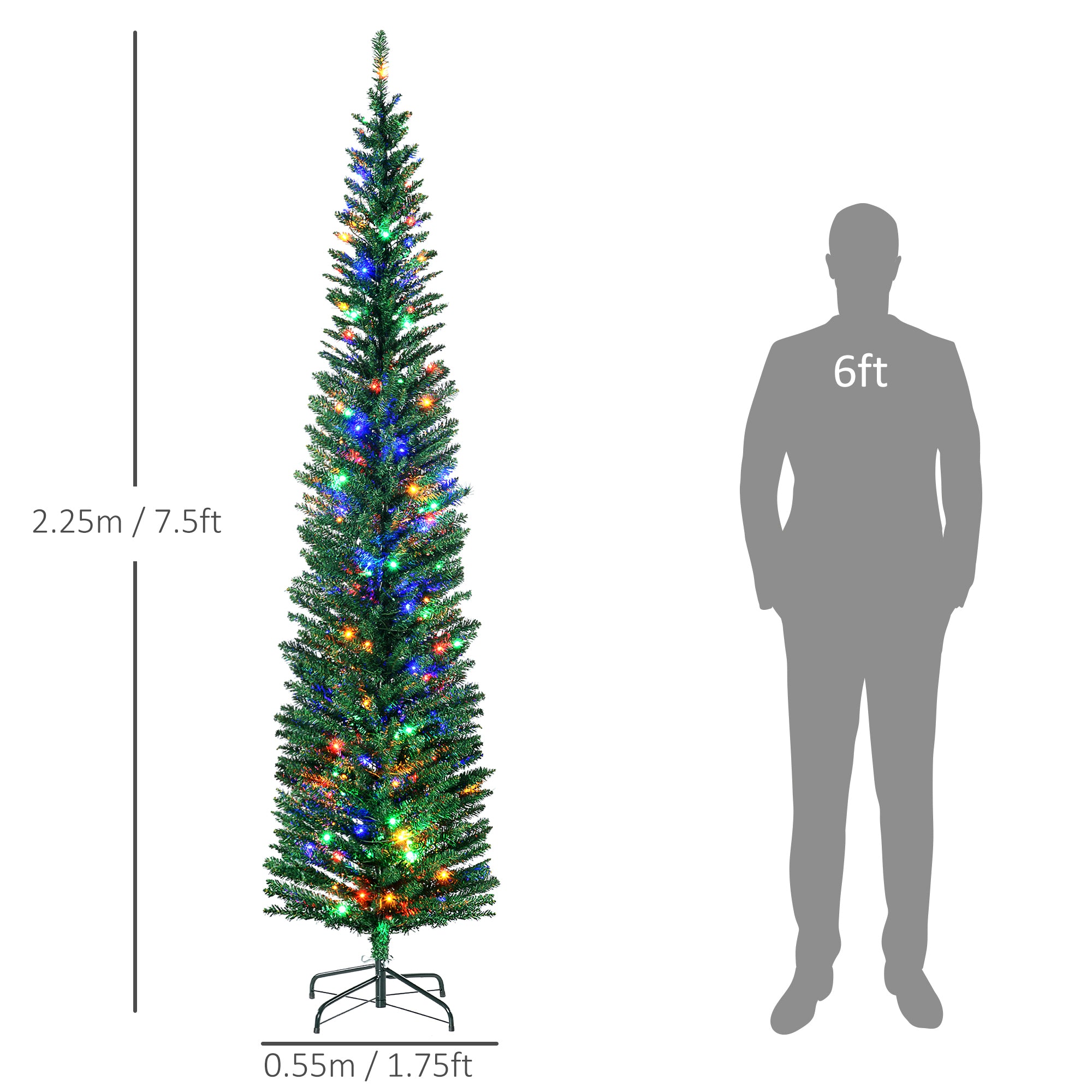 HOMCOM 7.5' Artificial Prelit Christmas Trees Holiday D\'c3\'a9cor with Colourful LED Lights, Pencil Shape, Steel Base