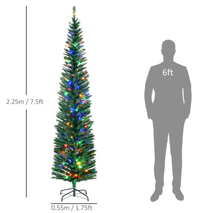 HOMCOM 7.5' Artificial Prelit Christmas Trees Holiday D\'c3\'a9cor with Colourful LED Lights, Pencil Shape, Steel Base