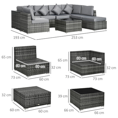 Outsunny 8 Pieces PE Rattan Corner Sofa Set, Outdoor Garden Furniture Set, Patio Wicker Sofa Seater w/ Cushion, Washable Cushion Cover & Tempered Glass Table, Grey 