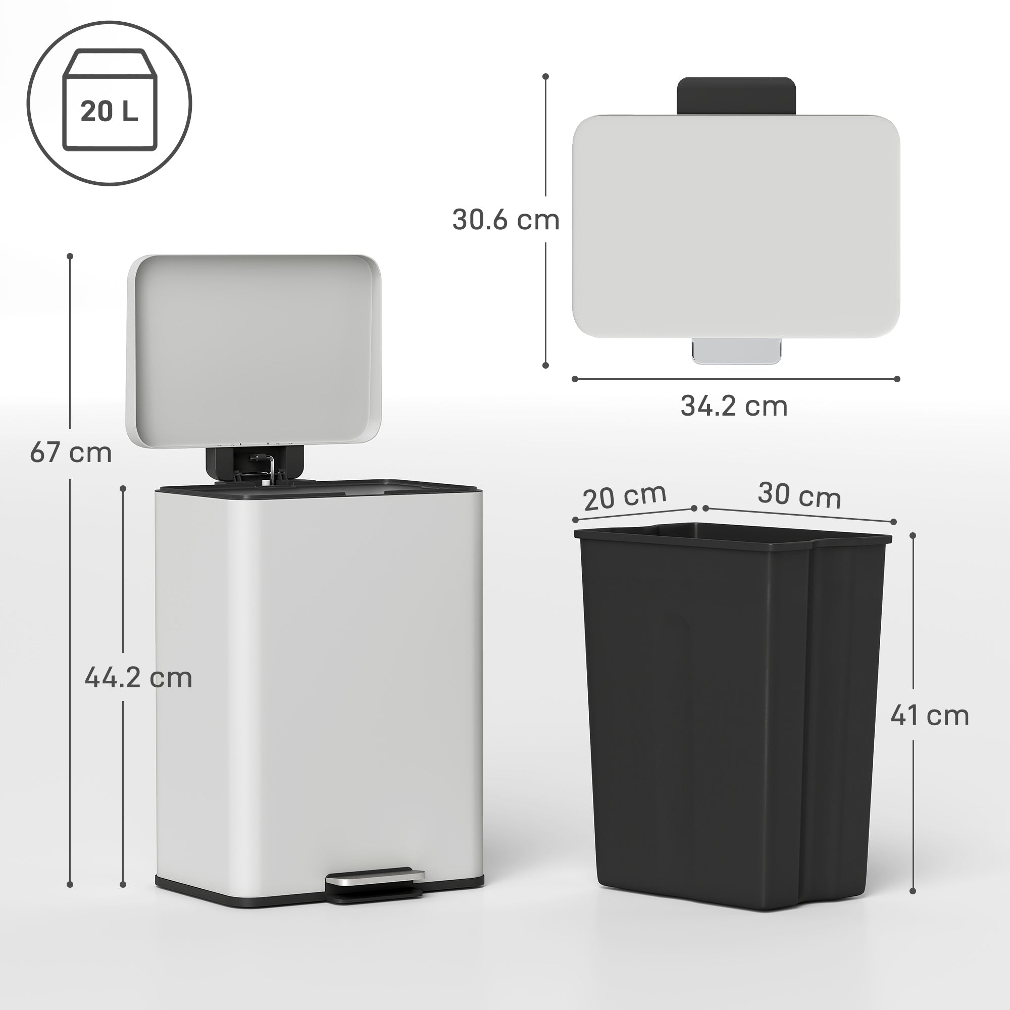 HOMCOM 20L Kitchen Bin with Soft-Close Lid and Stay-Open Function, Pedal Bin with Removable Inner Bucket for Kitchen, Office, Home, Cream 