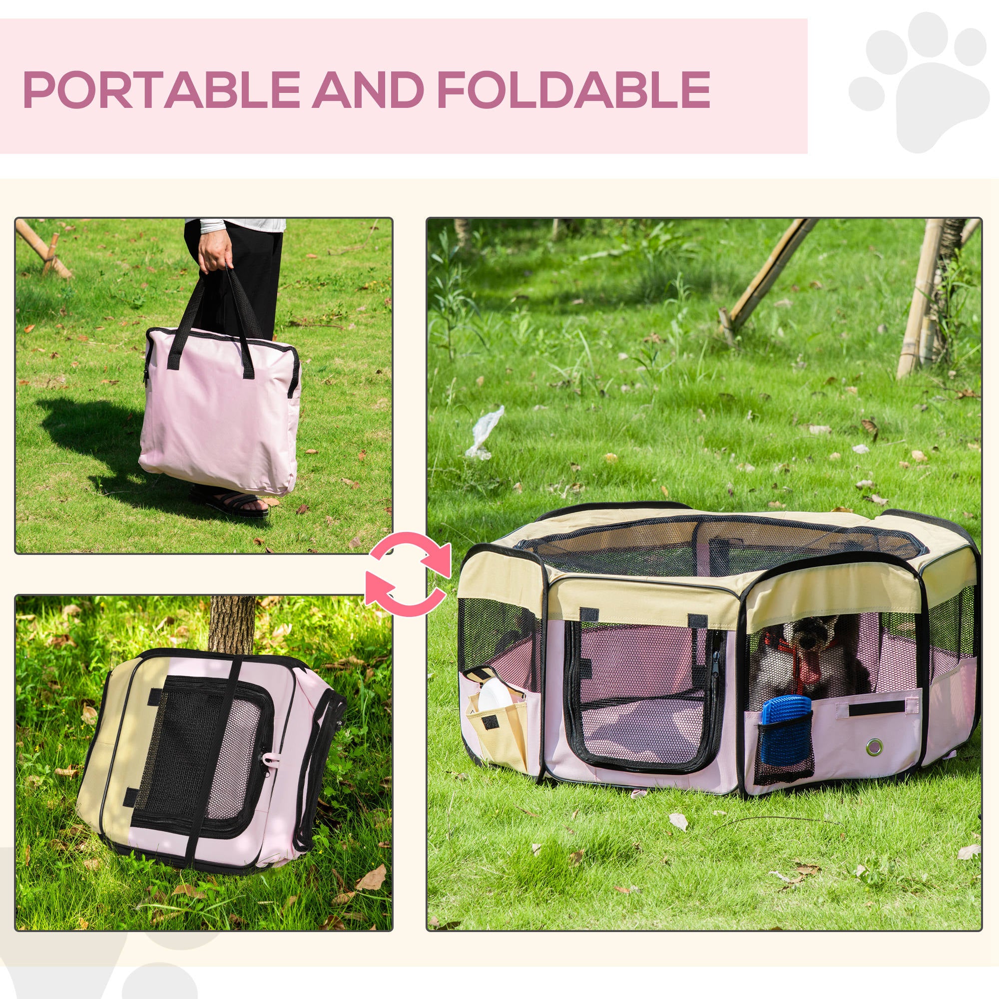 PawHut Fabric Pet Whelping Box Dog Cat Puppy Playpen Rabbit Guinea Pig Play Pen in Pink With Carry Bag Small Dia 90 x 41Hcm 