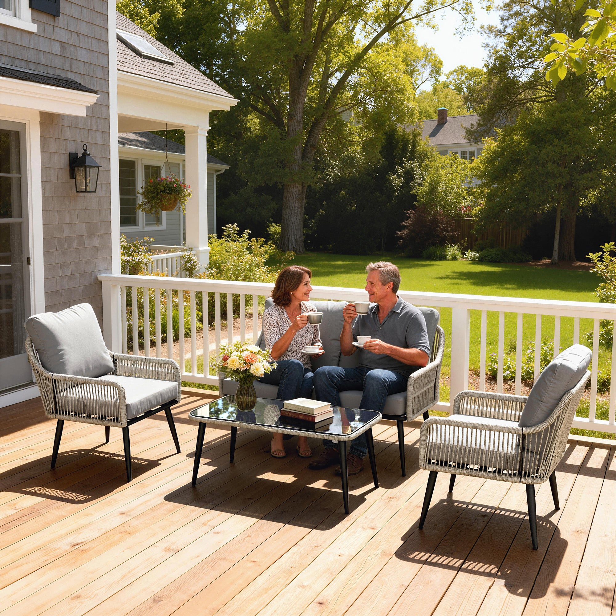 Outsunny Rattan Garden Furniture Set, 4 Piece Outdoor Patio Furniture with Tempered Glass Table and Chairs, Indoor Balcony Conservatory Set 