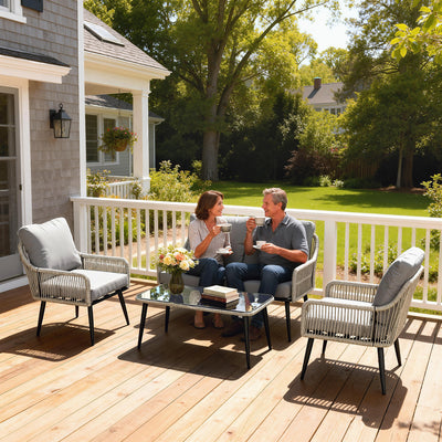 Outsunny Rattan Garden Furniture Set, 4 Piece Outdoor Patio Furniture with Tempered Glass Table and Chairs, Indoor Balcony Conservatory Set 