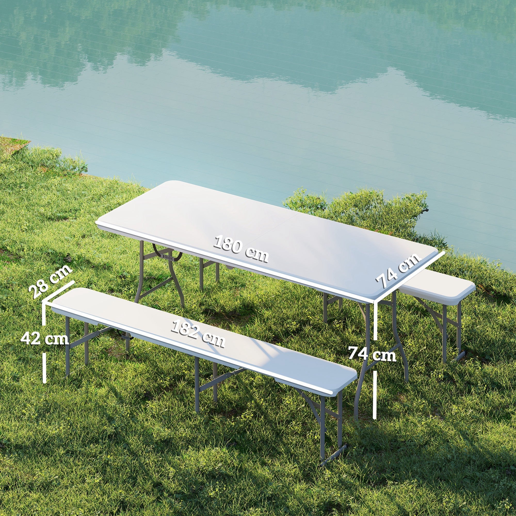 Outsunny 3 Piece 6ft Folding Picnic Table and Bench Set, Portable HDPE Camping Table and Chairs with Carrying Handles for Indoor Outdoor, Dining, Camping, Picnic, BBQ, Party, White 