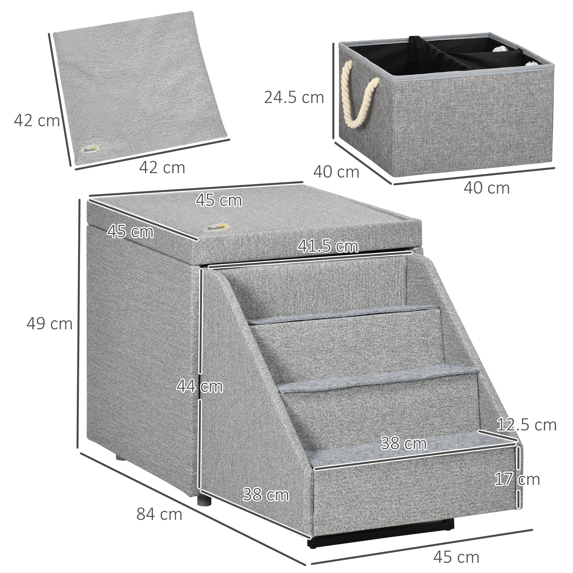 PawHut 2 in 1 Dog Steps Ottoman, Four-Tier Pet Stairs, for Small, Medium Dogs and Cats, with Storage Compartment - Grey 