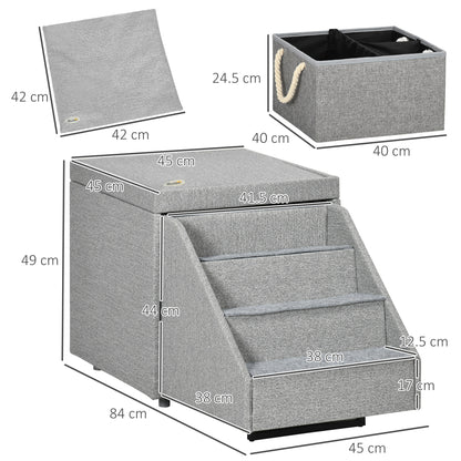 PawHut 2 in 1 Dog Steps Ottoman, Four-Tier Pet Stairs, for Small, Medium Dogs and Cats, with Storage Compartment - Grey 