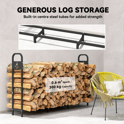 Outsunny 6.5 FT Steel Firewood Log Rack with 300 kg Capacity, Heavy Duty Indoor Outdoor Fireplace Wood Storage Shelf, Log Holder/Stand with Extra Support Legs, Decorative Bonfire Pattern, Black 