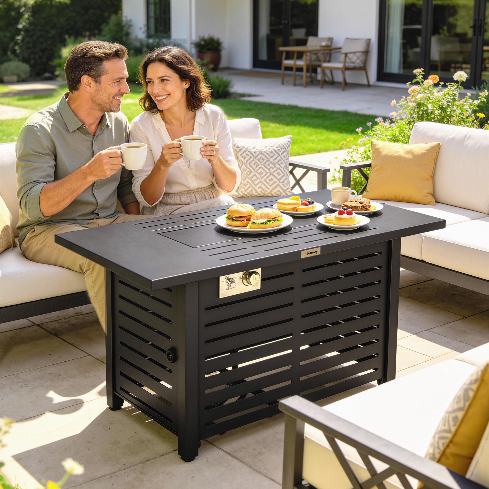 Outsunny Propane Gas Fire Pit Table, Outdoor Firepit with 43" Steel Tabletop and Lid, 50,000 BTU Pulse Ignition Fire Table w/ Stainless Steel Burner, Glass Wind Guard, and Cover 