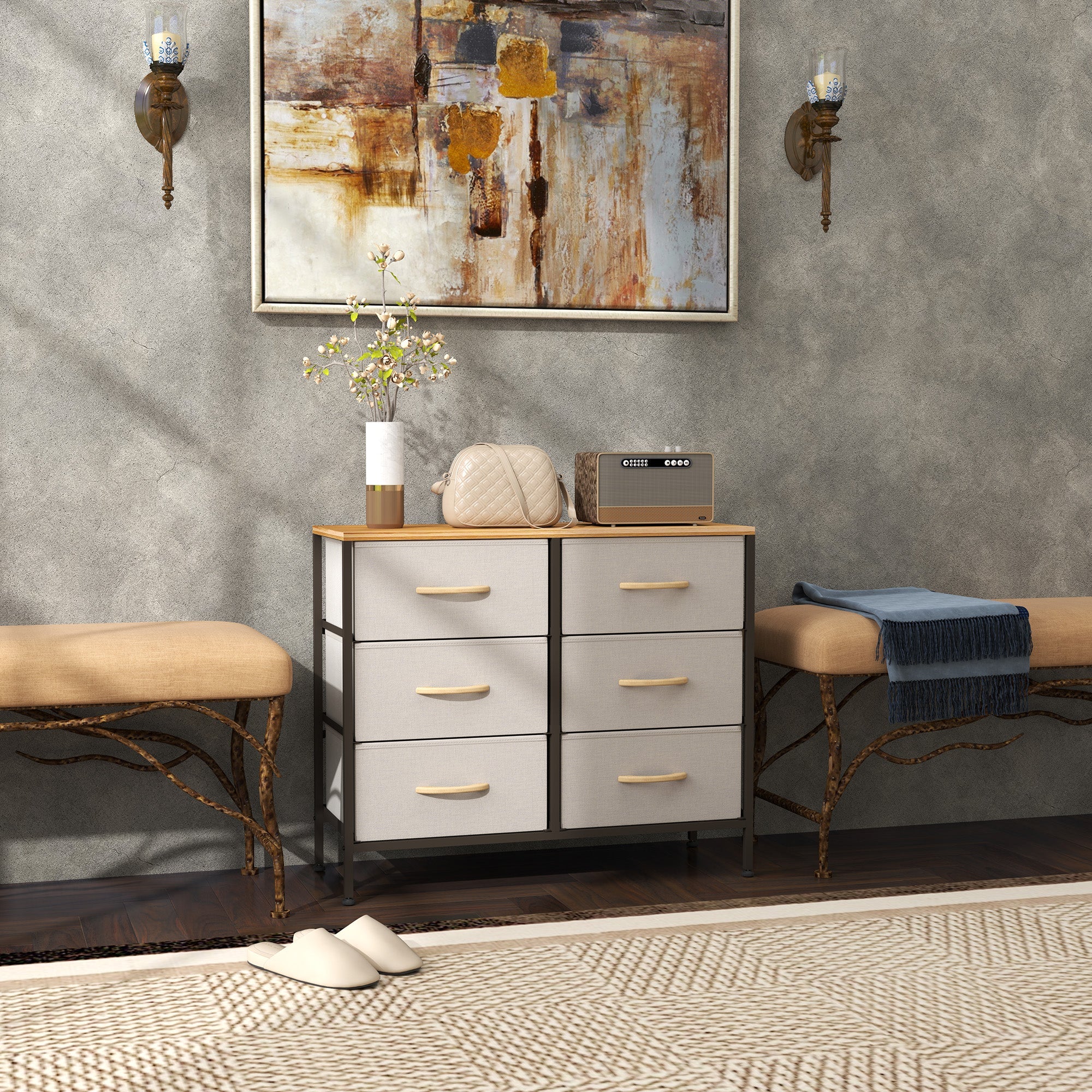 HOMCOM Fabric Chest of Drawers, Storage Drawers, Industrial Bedroom Dresser with 6 Fabric Drawers, Steel Frame and Wooden Top for Nursery, Living Room, Hallway, Cream White 