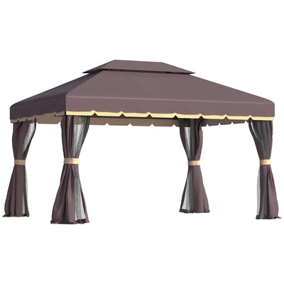 Outsunny 3 x 4m Aluminium Garden Gazebo, Marquee Canopy Shelter Pavilion Party Tent with Nets and Curtains for Garden and Deck, Coffee 