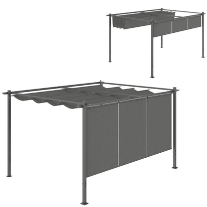 Outsunny 3 x 4m Metal Pergola with Retractable Roof and Roller Shade, Wall-Mounted or Free Standing Garden Gazebo Canopy Pergola Kit, UPF30+ Outdoor Sun Shade Shelter, Grey 