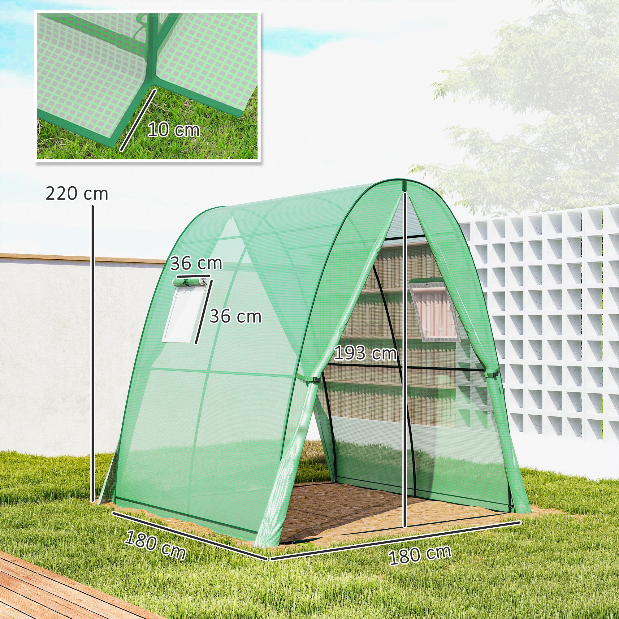 Outsunny Polytunnel Greenhouse with Sandbags, Walk-In Tunnel Green House with 2 Doors and Screen Windows, 1.8 x 1.8 x 2m, Green 