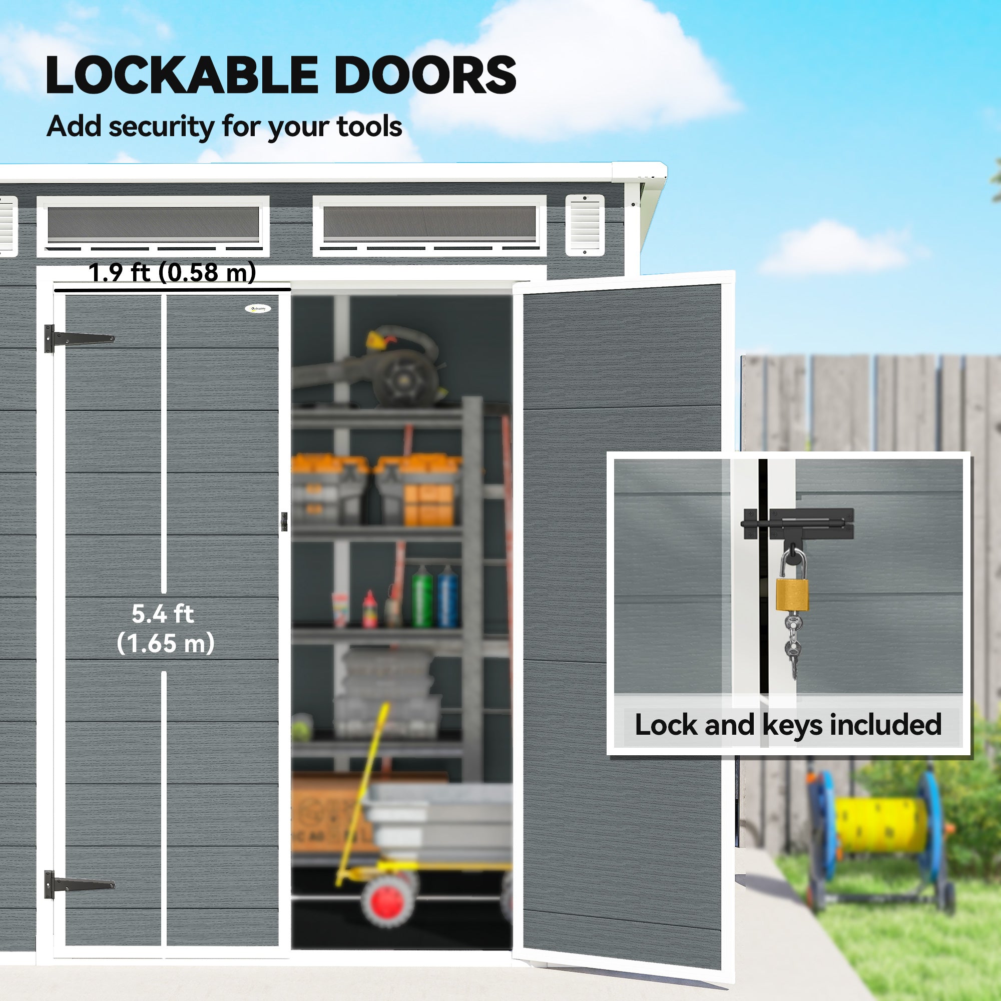 Outsunny 6 x 6 ft Plastic Garden Shed, Wood-Effect Outdoor Storage Shed with Floor, Windows, Lockable Doors and Vents, Grey 