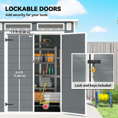 Outsunny 6 x 6 ft Plastic Garden Shed, Wood-Effect Outdoor Storage Shed with Floor, Windows, Lockable Doors and Vents, Grey 