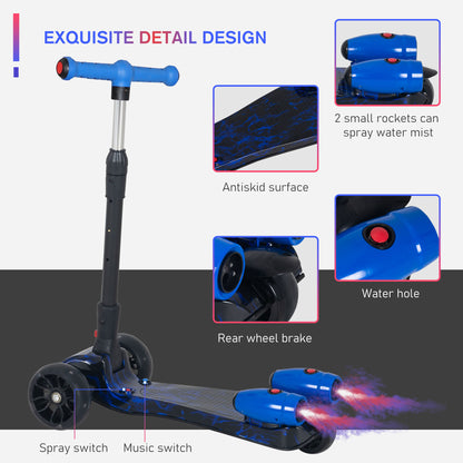 HOMCOM Kids Scooter, 3 Wheel Foldable Kick Scooter Adjustable Height w/ Flashing Wheels, Music, Water Spray for 3-6 Years, Blue 