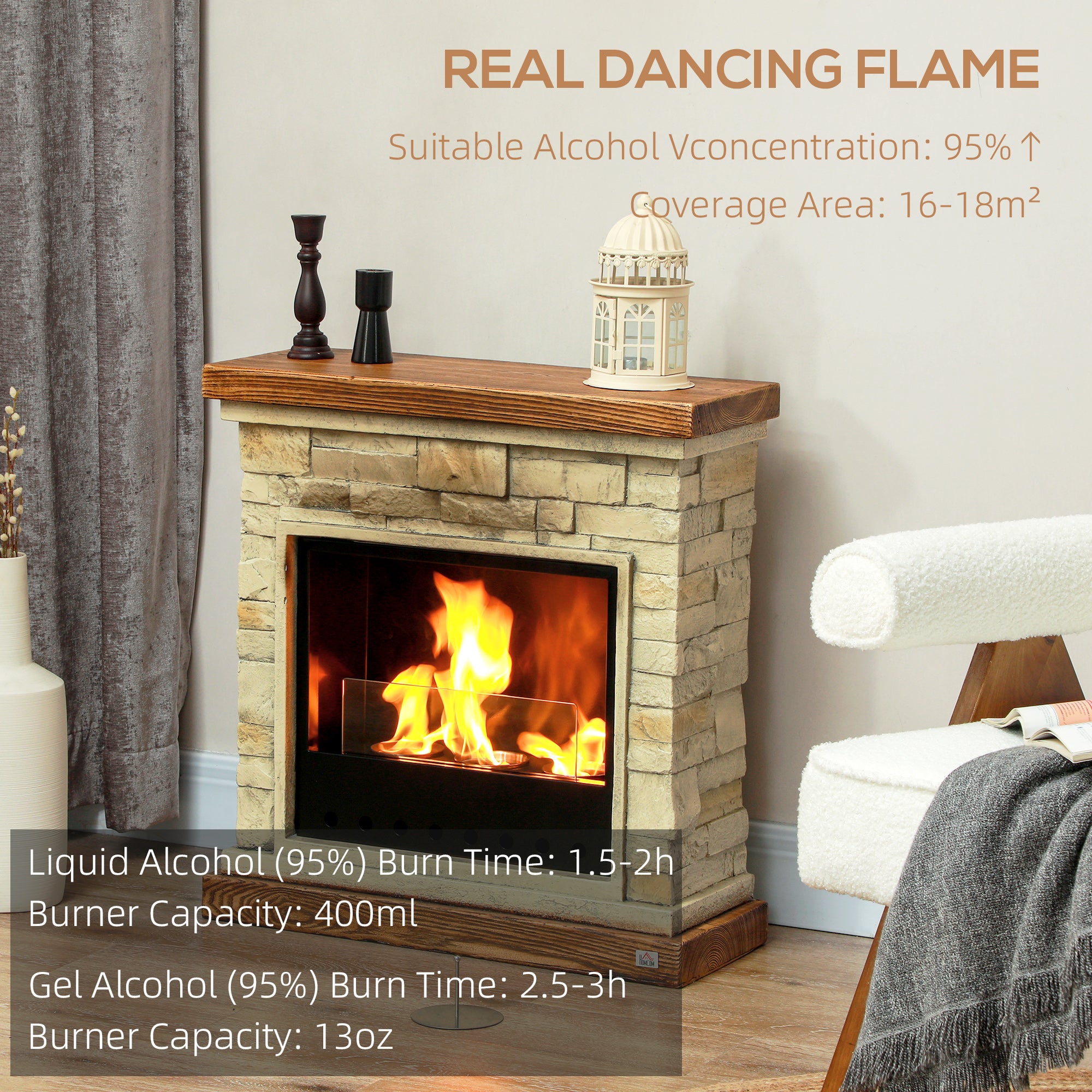 HOMCOM Bioethanol Fire Heater, with Brickwork-Effect Mantelpiece - Brown 
