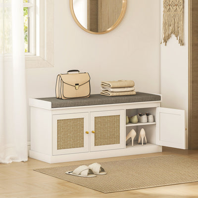 HOMCOM Shoe Storage Bench with Woven Rattan Doors, Seat - White 