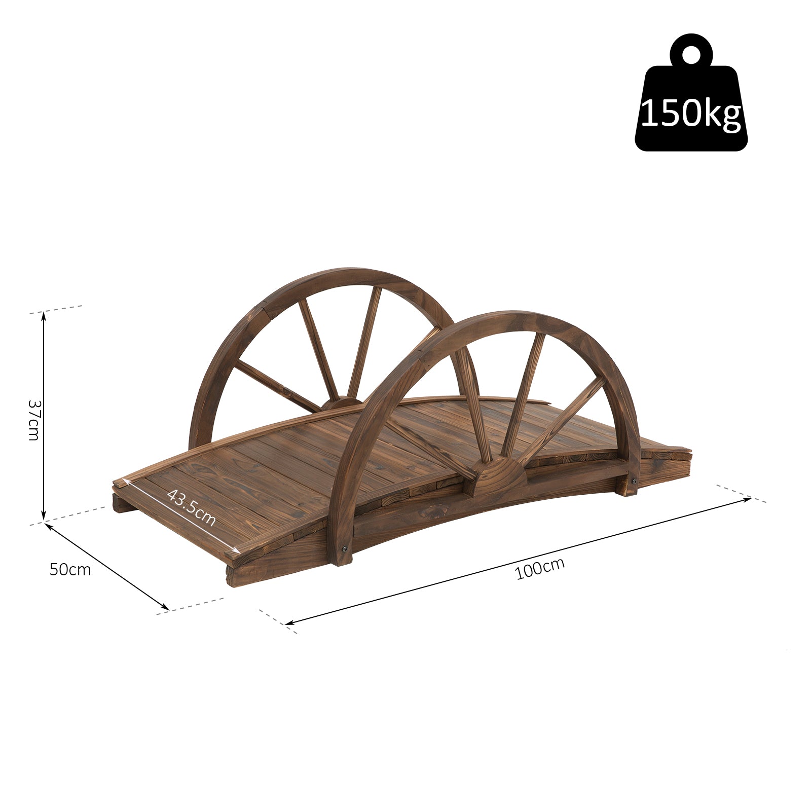 Outsunny Wooden Garden Bridge Lawn Décor Stained Finish Arc Outdoor Pond WalkwayYard Decoration Half Wheeled Railings 100L x 50W x 37Hcm 