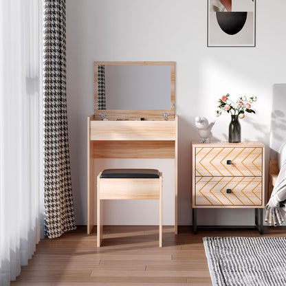 HOMCOM Dressing Table with Mirror and Stool, Vanity Makeup Table with Flip Up Mirror, Vanity Desk with Storage Unit and Padded Seat, Wood 