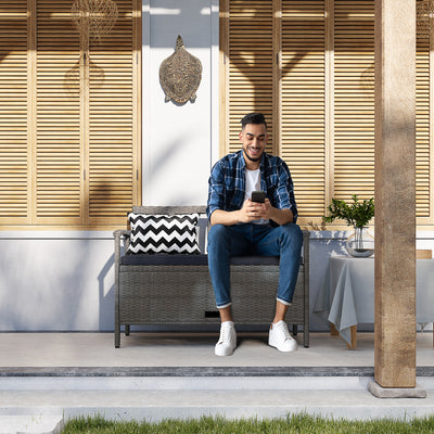 Outsunny 160L Storage Two-Seater Rattan Bench - Grey 