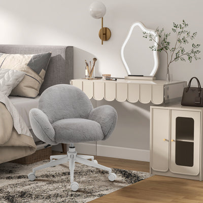 HOMCOM Makeup Vanity Chair, Cute Fluffy Desk Chair with Rolling Wheels for Bedroom Living Room, Grey 