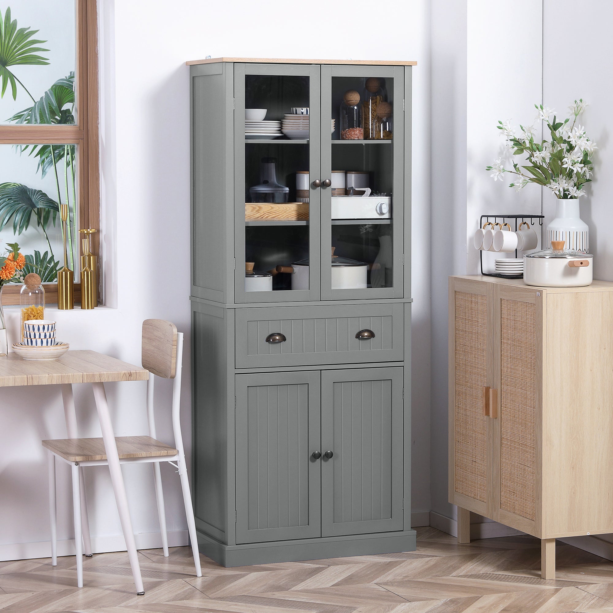 HOMCOM 180cm Tall Kitchen Pantry Cupboard, Freestanding Storage Cabinet with 5 Tier, Adjustable Shelves,  Drawer, Grey 