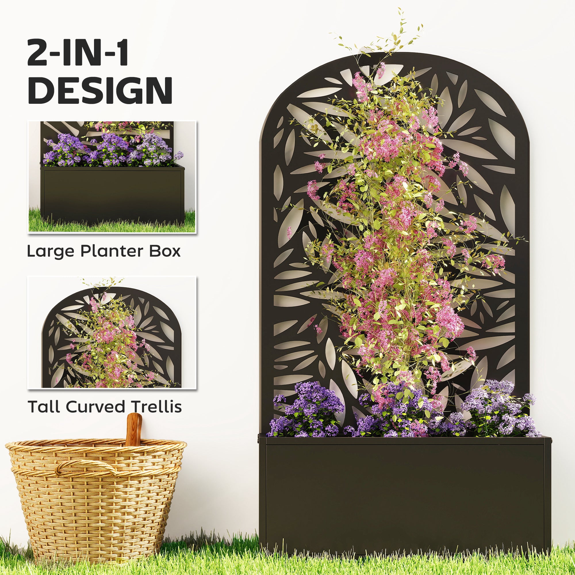 Outsunny Metal Garden Bed for Garden with Trellis, Wall Mounted or Freestanding Raised Planter with Curved Privacy Screen 