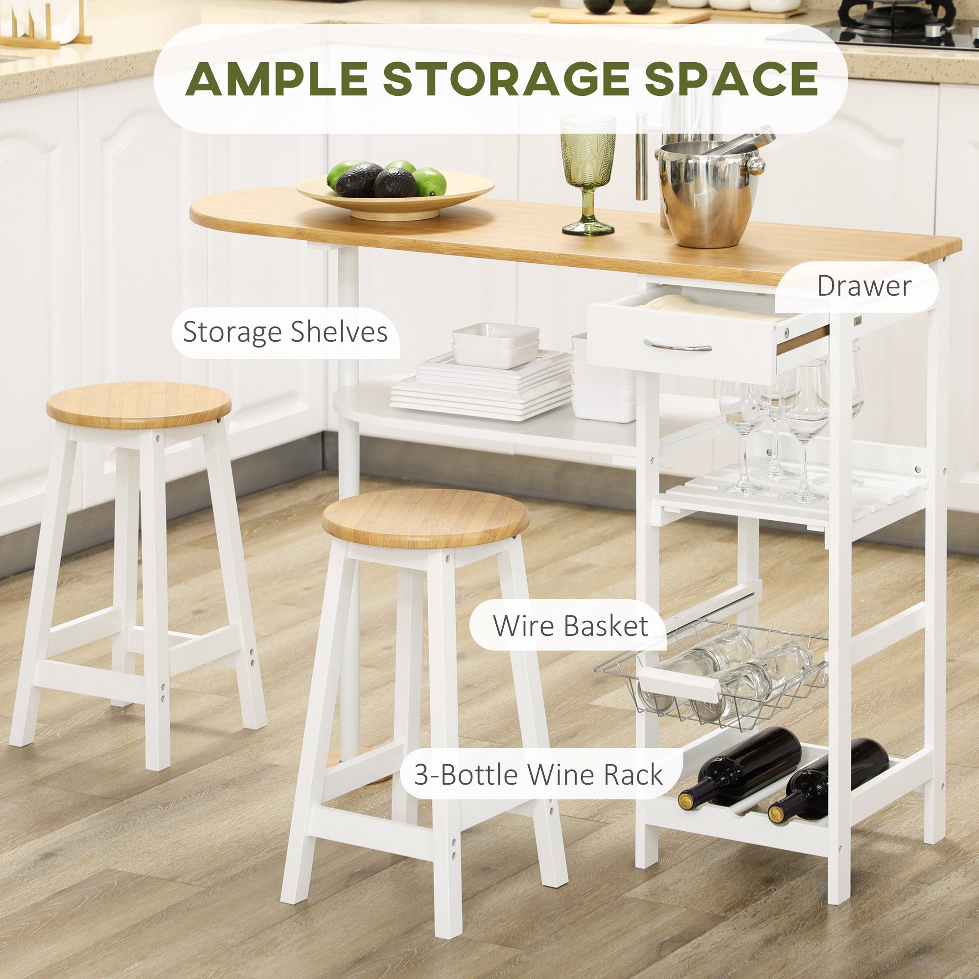 HOMCOM 3 Piece Bar Table Set, Breakfast Bar table and Stools with Storage Shelf, Drawer, Wire Basket and Wine Rack for Kitchen, Home Bar, Natural and White 