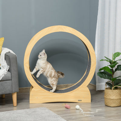 PawHut 30" Wooden Cat Running Wheel with Brake, Natural Wood Finish 