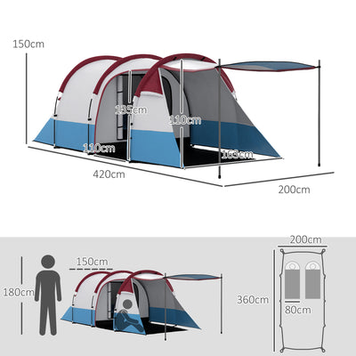 Outsunny Camping Tent, Large Tunnel Tent with Bedroom and Living Area, 2000mm Waterproof, Portable with Bag for 2-3 Man, Red 