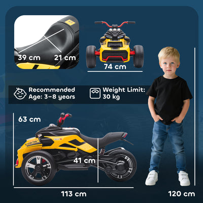 AIYAPLAY 12V Kids Electric Ride On Car with 3 Wheeler, MP3 Player, Horn, 2 Speeds, LED Lights for Boys & Girls Ages 3-8, Yellow 