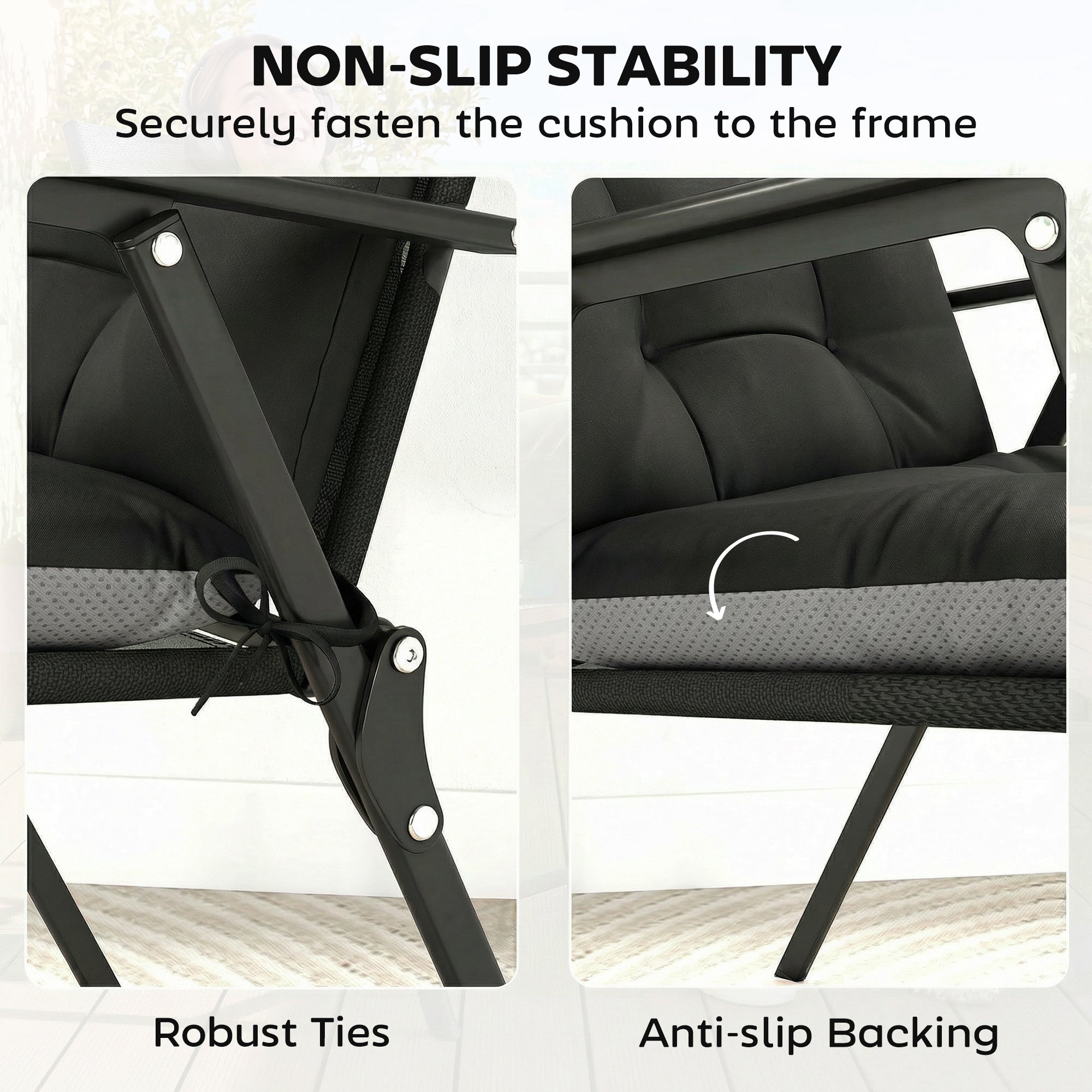 Outsunny Patio Chair Cushions Set of 4, Waterproof Non-Slip Lounge Chair Cushions, 112x53cm, Black 