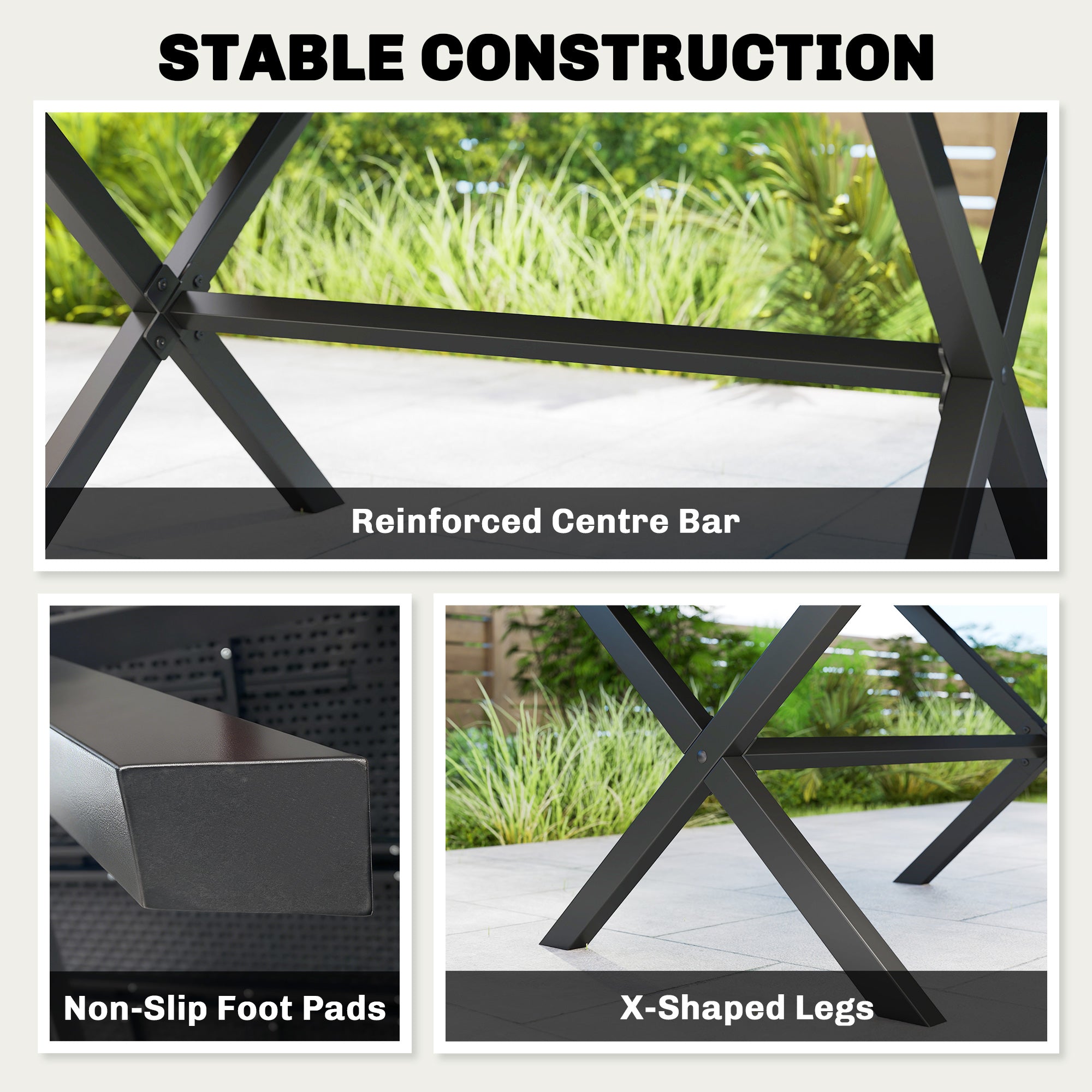 Outsunny Garden Dining Table for 6, Rectangular Outdoor Table with Wood Effect HDPE Top, X-Shaped Metal Legs, Black 