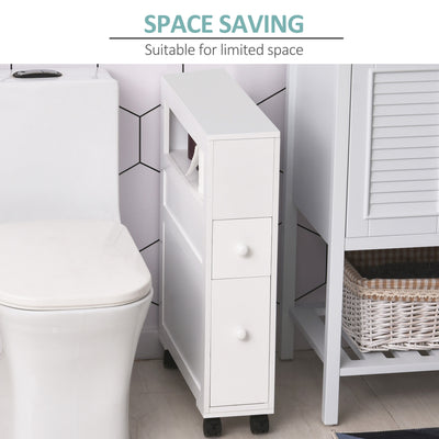 HOMCOM 72x16cm Narrow Bathroom Storage Unit w/ 2 Drawers Open Top 4 Wheels Slimline Modern Rolling Home Organisation 