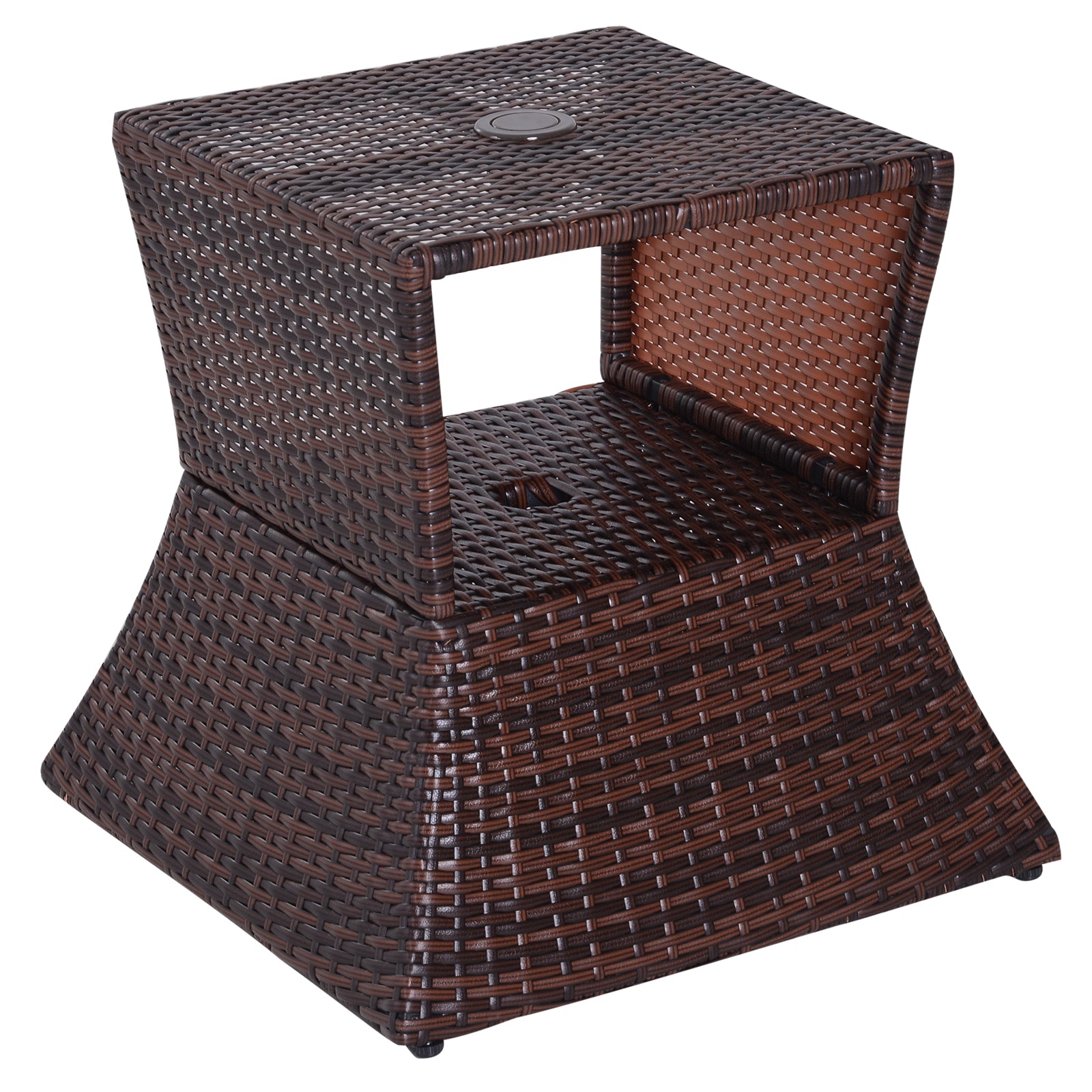 Outsunny Rattan Outdoor Coffee Table, Wicker Garden Patio Bistro Side Table with Umbrella Hole and Storage Space for Balcony, Porch, Brown 
