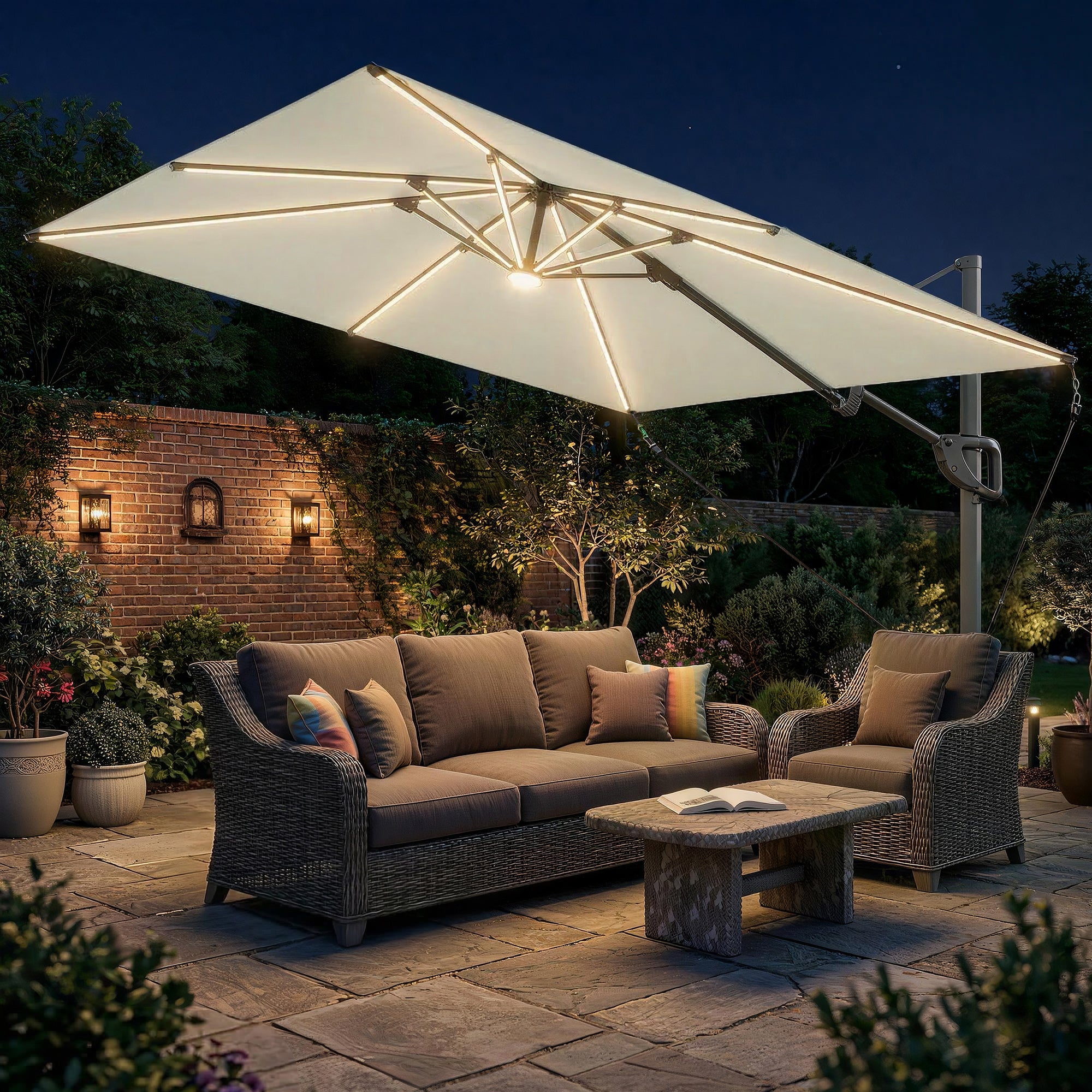 Outsunny 3 x 3 m Garden Cantilever Parasol w/ Light, Cover, UPF50+ Patio Umbrella w/ Wind Protection, 360° Rotation, Cream White 
