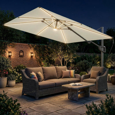 Outsunny 3 x 3 m Garden Cantilever Parasol w/ Light, Cover, UPF50+ Patio Umbrella w/ Wind Protection, 360° Rotation, Cream White 