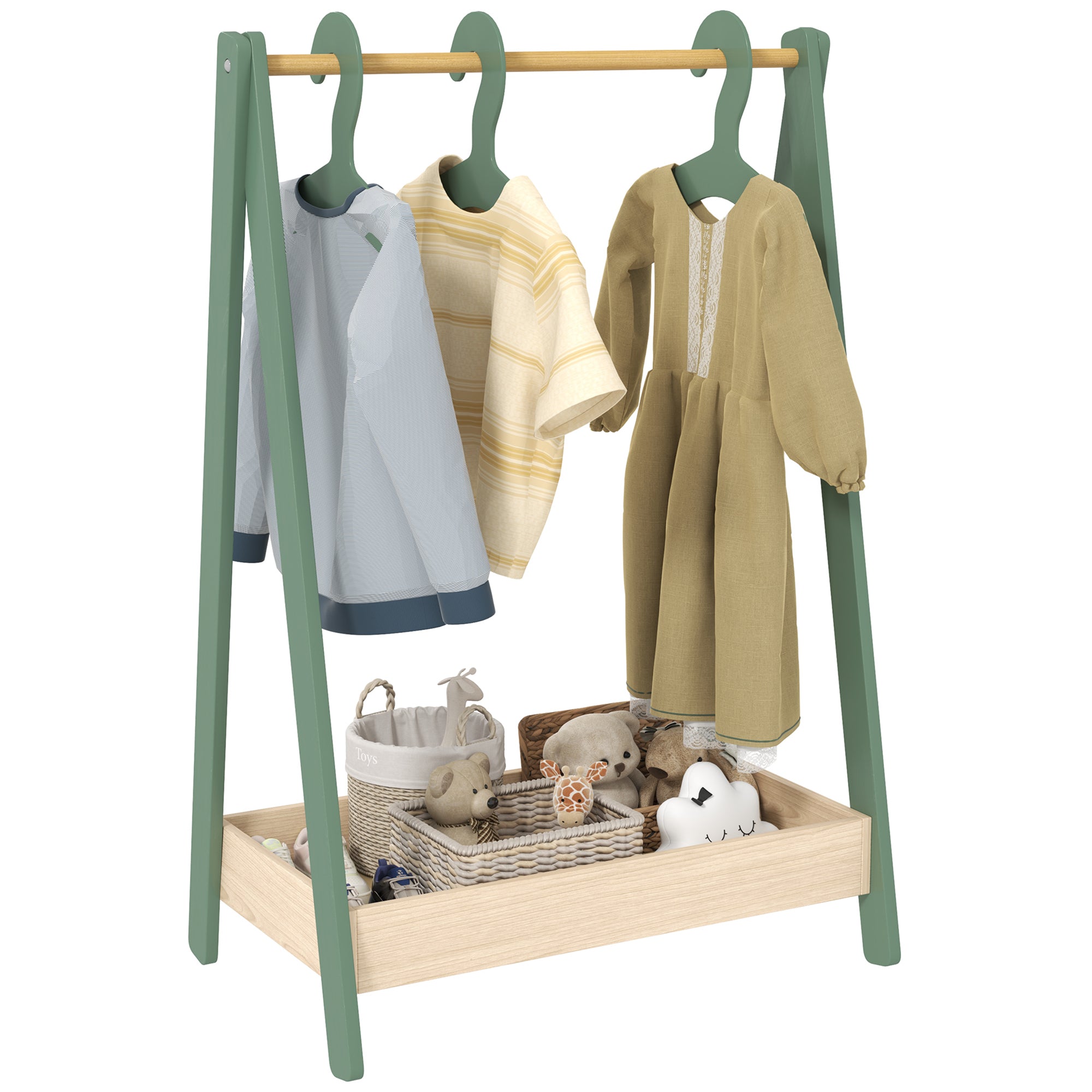 AIYAPLAY Kids Clothes Rail with 3Hangers, Bottom Storage Shelf for Girls, Boys, Nursery, Bedroom, Green 