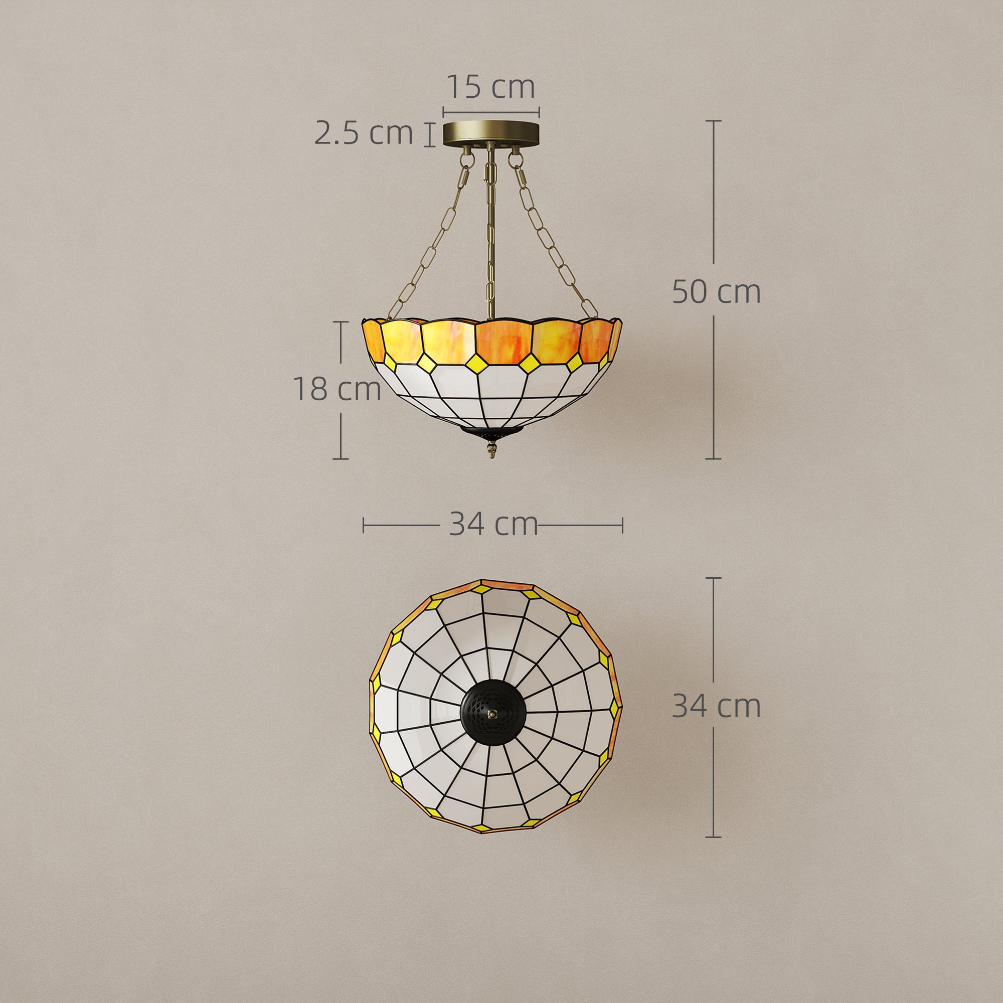 HOMCOM Tiffany Style Ceiling Light, Vintage Chandelier with 3 E27 Sockets, Semi Flush Mount for Living Room, Bulbs Not Included 