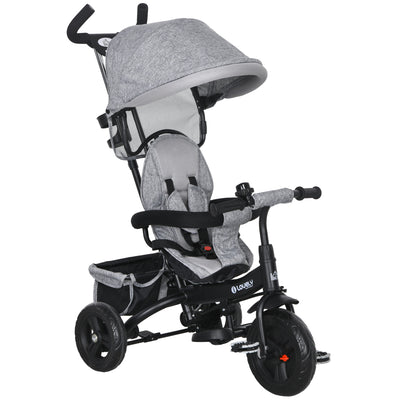 HOMCOM 6 in 1 Kids Trike Push Bike w/ Push Handle, Canopy, 5-point Safety Belt, Storage, Footrest, Brake, for 1-5 Years, Grey 